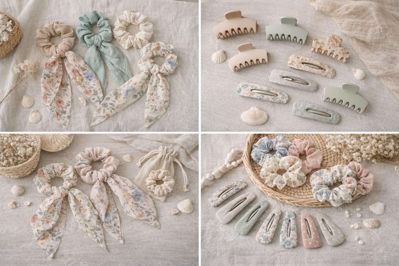 Handmade hair accessories arranged on a neutral background