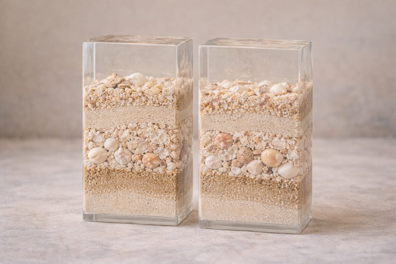 Resin blocks featuring layered sand and shells