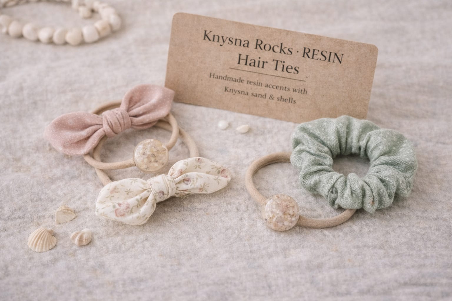 Resin hair ties with embedded sand and shells